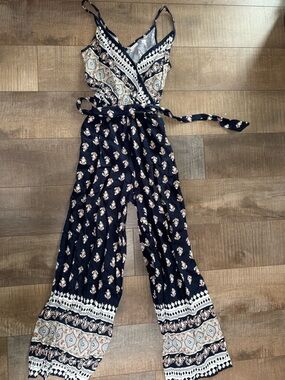 Navy Printed Sleeveless Wrap-Front Jumpsuit